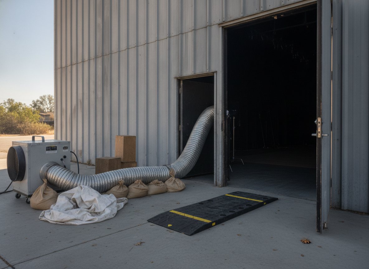 A sound-stage door propped open with flexible silver ducting run from a portable air handler into the stage, sandbags on the hose, apple boxes and a cable ramp beside it, a folded drop cloth
